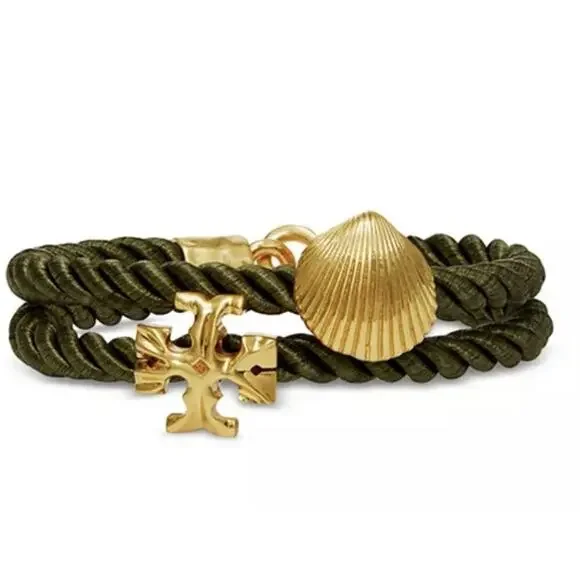NEW Tory Burch Shell Logo Rope Bracelet Black 18K Gold Plated Bold Summer Beach - Picture 1 of 6